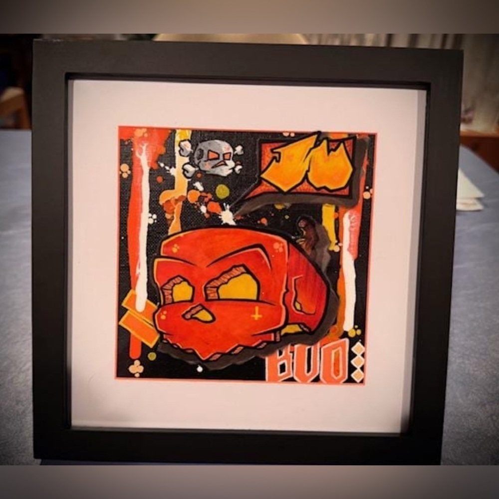 Original Art - Pumpkin Boo - Graffiti Style Skull Art on Canvas Board Framed